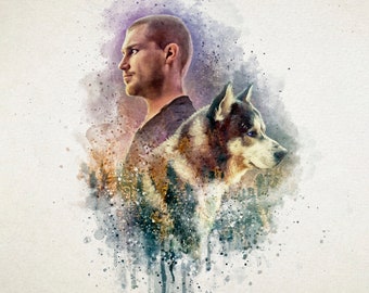Custom Pet and Owner Watercolor Portrait, Dog Lover Gift (Digital Only)