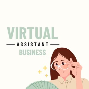 Pode incluir: Uma mulher de óculos sorri e segura um maço de dinheiro, com o texto "VIRTUAL ASSISTANT BUSINESS" acima dela.
