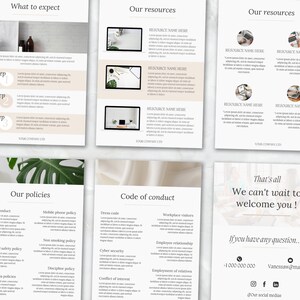May include: A six-page document outlining a company's policies, resources, and what to expect. The document features a modern, minimalist design with a neutral colour palette of white, beige, and black. The document includes text headings such as "What to expect", "Our resources", "Our policies", "Code of conduct", and "That's all".
