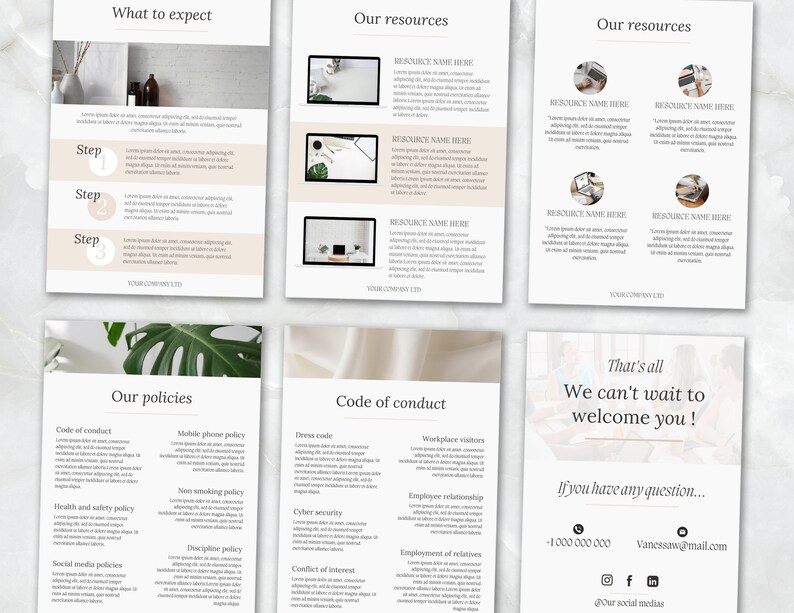May include: A six-page document outlining a company's policies, resources, and what to expect. The document features a modern, minimalist design with a neutral colour palette of white, beige, and black. The document includes text headings such as "What to expect", "Our resources", "Our policies", "Code of conduct", and "That's all".