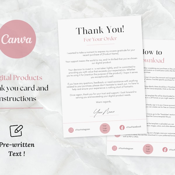 Etsy Digital Product Thank You Card , Thank You Note , Canva Template Step By Step Instruction , For Canva Digital Products Shops.