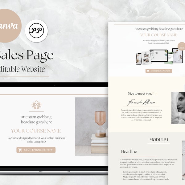Sales Page Template, Landing Page Template, Canva Editable Course Launch Website, Course Creator Templates