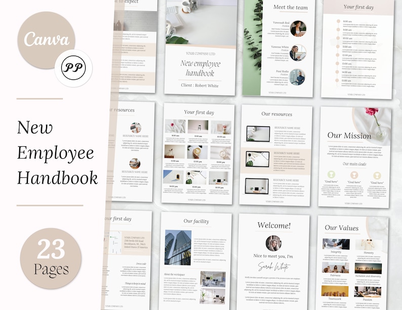 May include: A 23-page new employee handbook with a beige and white colour scheme. The handbook includes sections on the company's mission, values, resources, facilities, and the team. The cover features the text "New Employee Handbook" and "23 Pages".