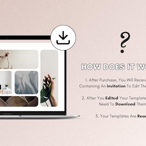 May include: A laptop screen displaying a website with a portfolio of images. The text "HOW DOES IT WORK?" is displayed on the screen with a list of steps: 1. After Purchase, You Will Receive A PDF Containing An Invitation To Edit The Templates 2. After You Edited Your Templates, You Will Need To Download Them. 3. Your Templates Are Ready!