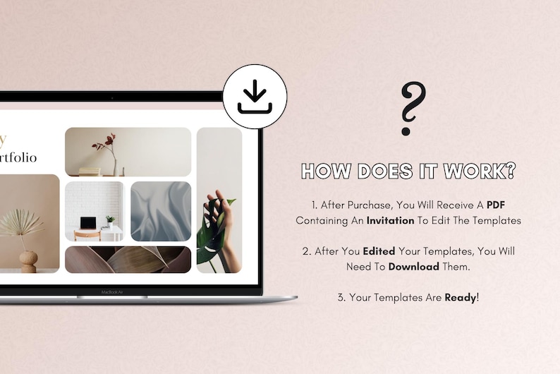 May include: A laptop screen displaying a website with a portfolio of images. The text "HOW DOES IT WORK?" is displayed on the screen with a list of steps: 1. After Purchase, You Will Receive A PDF Containing An Invitation To Edit The Templates 2. After You Edited Your Templates, You Will Need To Download Them. 3. Your Templates Are Ready!