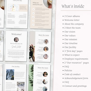 May include: A digital marketing guide for new employees. The guide includes information about the company, the team, and the first day of work. The guide also includes information about the company's vision, values, mission, timeline, and facility. The guide is designed to help new employees get up to speed quickly and feel welcome.