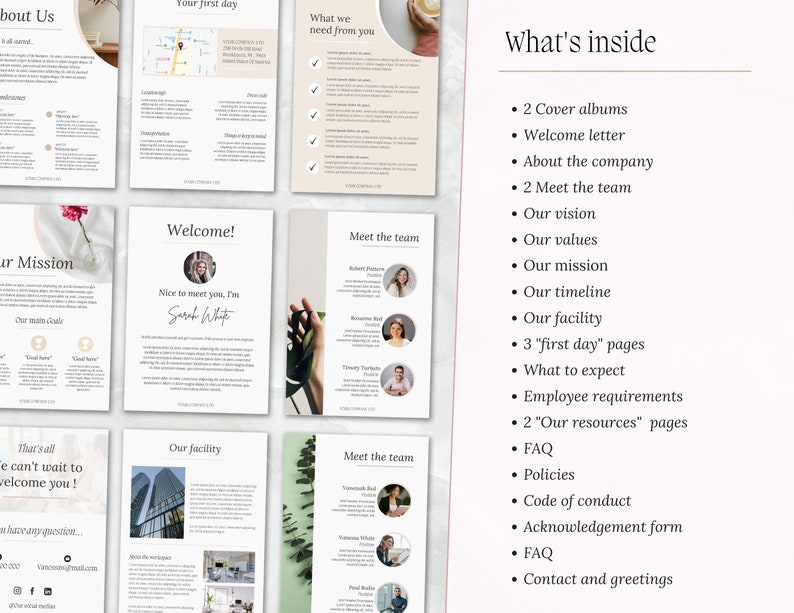 May include: A digital marketing guide for new employees. The guide includes information about the company, the team, and the first day of work. The guide also includes information about the company's vision, values, mission, timeline, and facility. The guide is designed to help new employees get up to speed quickly and feel welcome.