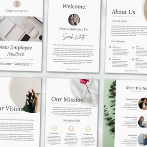 May include: A six-page new employee handbook with a welcome message, information about the company, its mission and vision, and a meet the team section. The handbook features a modern design with a neutral colour palette and botanical illustrations.