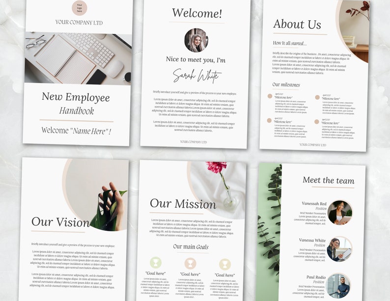 May include: A six-page new employee handbook with a welcome message, information about the company, its mission and vision, and a meet the team section. The handbook features a modern design with a neutral colour palette and botanical illustrations.