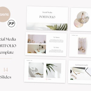 Puede incluir: Una plantilla de portafolio de redes sociales con 14 diapositivas. La plantilla presenta un diseño minimalista con una paleta de colores neutros e incluye diapositivas para una sección de información personal, portafolio, declaraciones de misión y visión, y datos de contacto.