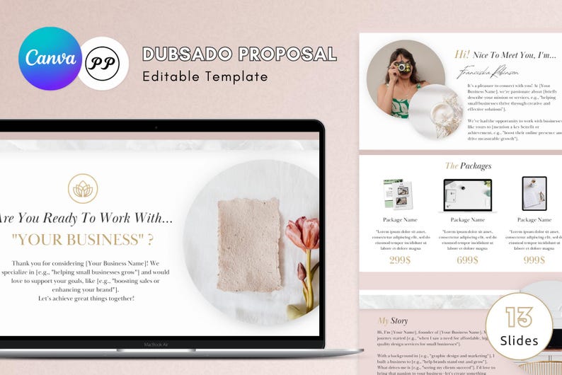 May include: A pink and white laptop screen displays a business proposal template with the text "Are You Ready To Work With... "YOUR BUSINESS"?" and "Let's achieve great things together!" The template is designed for use with the Dubsado platform.