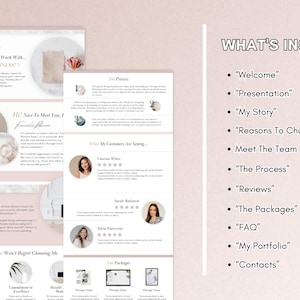 May include: A pink and white digital marketing brochure with the text "WHAT'S INSIDE" and a list of services offered, including "Welcome", "Presentation", "My Story", "Reasons To Choose Me", "Meet The Team", "The Process", "Reviews", "The Packages", "FAQ", "My Portfolio", and "Contacts".