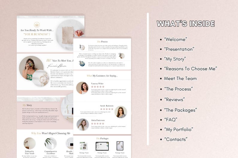 May include: A pink and white digital marketing brochure with the text "WHAT'S INSIDE" and a list of services offered, including "Welcome", "Presentation", "My Story", "Reasons To Choose Me", "Meet The Team", "The Process", "Reviews", "The Packages", "FAQ", "My Portfolio", and "Contacts".
