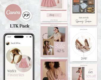 May include: A collection of social media posts for a fashion brand. The posts feature images of clothing, shoes, and accessories, along with text promoting sales and new arrivals. The posts are designed in a pink and white color scheme with a circular design element.