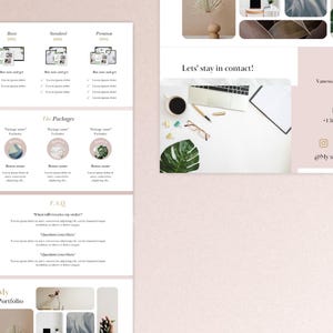 May include: A pink and white digital marketing template with a portfolio section, pricing packages, and a contact section. The contact section includes an email address, phone number, and social media icons.