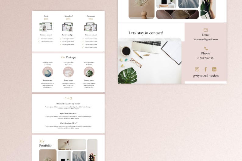 May include: A pink and white digital marketing template with a portfolio section, pricing packages, and a contact section. The contact section includes an email address, phone number, and social media icons.