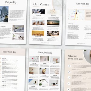 May include: A six-page document outlining a company's facilities, values, and first-day schedule. The document includes images of a modern office building, a coffee cup, and a map. The text features headings such as "Our Facility", "Our Values", "Your First Day", and "What We Need From You".