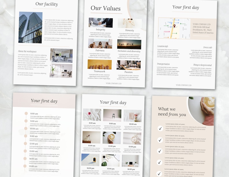 May include: A six-page document outlining a company's facilities, values, and first-day schedule. The document includes images of a modern office building, a coffee cup, and a map. The text features headings such as "Our Facility", "Our Values", "Your First Day", and "What We Need From You".