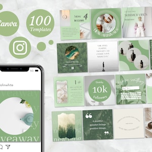 Green Instagram Post, Templates Pack, For Coaches And Online Shops, Canva Social Media Template Bundle, 100 Editable Instagram Feed