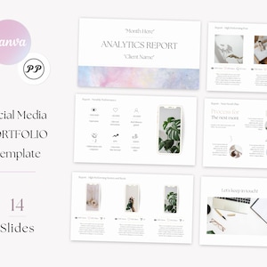 Könnte beinhalten: Eine Social-Media-Portfolio-Vorlage mit 14 Folien. Die Vorlage verfügt über einen hellrosa und blauen Aquarellhintergrund mit weißem Textüberlagerung. Der Text enthält "Social Media Portfolio Template", "14 Slides" und "Analytics Report".