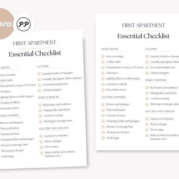 Checkliste für die erste Wohnung, Essential-Liste für ein neues Zuhause, Checkliste zum Ausdrucken, Checkliste für den Umzug, sofortiger Download