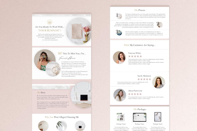 May include: A pink and white digital marketing presentation with the text "Are You Ready To Work With "YOUR BUSINESS?" and "Hi! Nice To Meet You, I'm..."  The presentation includes a photo of a woman, a photo of a flower, and a photo of a laptop.