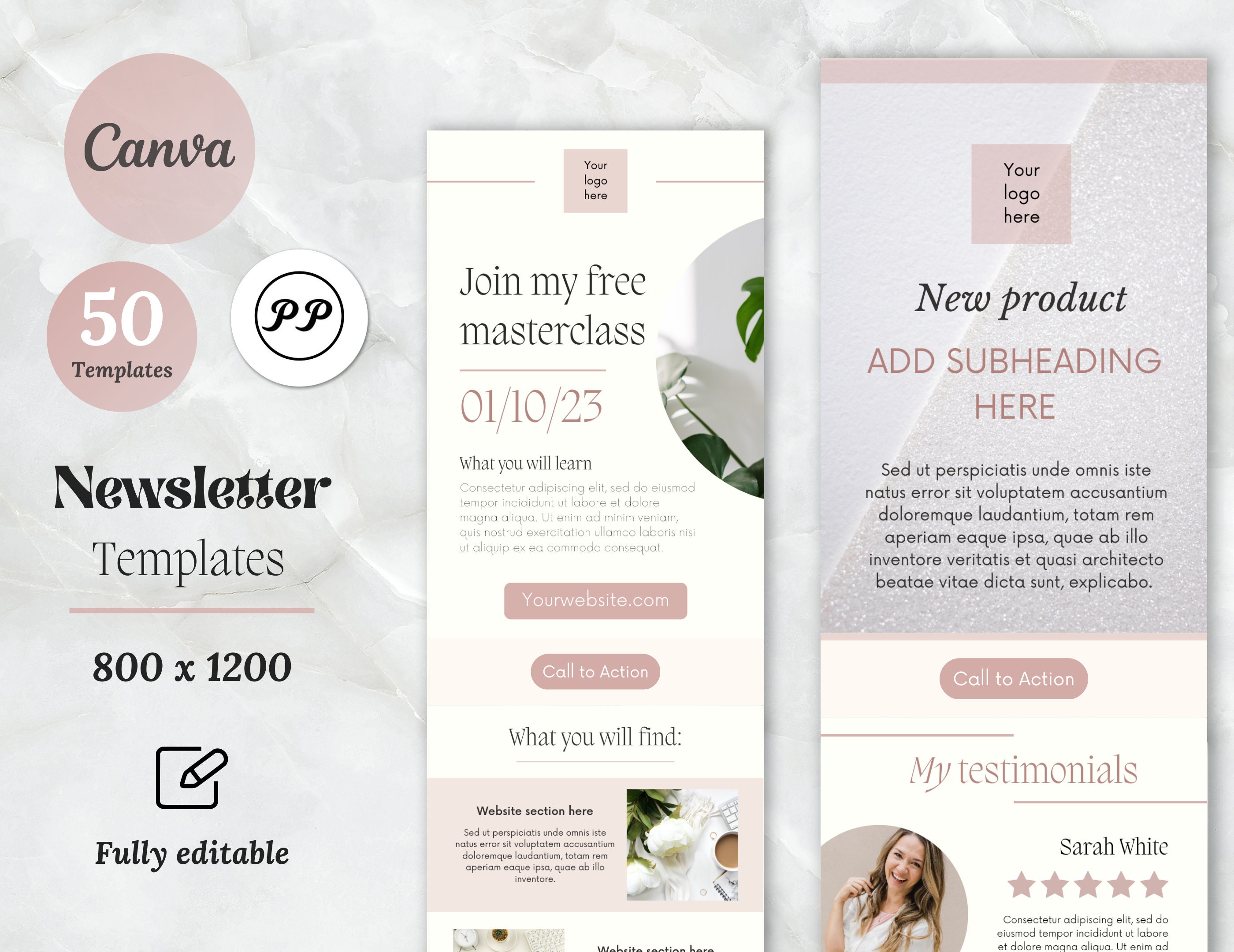 50 Mailchimp Newsletter Template Rose Gold, Canva Email Marketing, Mailchimp Email Newsletter,Course Promotion Mailchimp Canva Template Pack