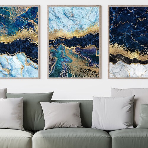 Marble Abstract Printsset of 3 Printsblue and Gold Marble Etsy