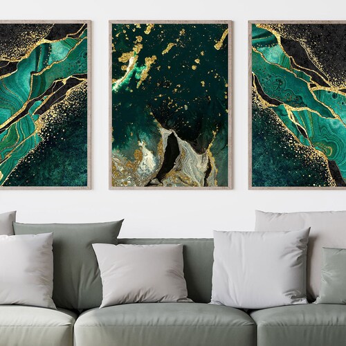 Set of 3 Emerald Marble Gold Geometric Art Prints Green Etsy