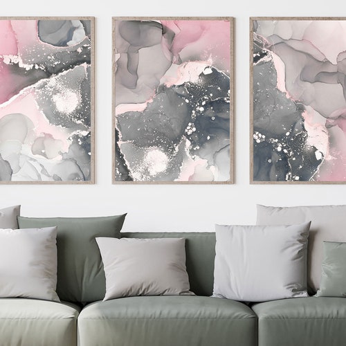 Pink and Grey Marble Print Set of 3 Pink Grey Contemporary Etsy