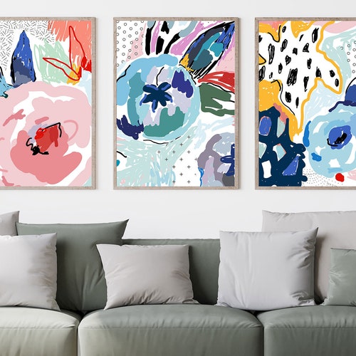 Bright Flower Drawing Print Set Of 3, Pink, Blue, Green, Contemporary Abstract, Floral Abstract Wall Art, Poster, Framed Wall Art, Print