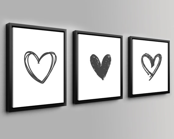 Framed Canvas Love Heart Set of 3, Heart Print, Digital Print, Love,  Doodle, Stretched Canvas Art, Rolled Print 