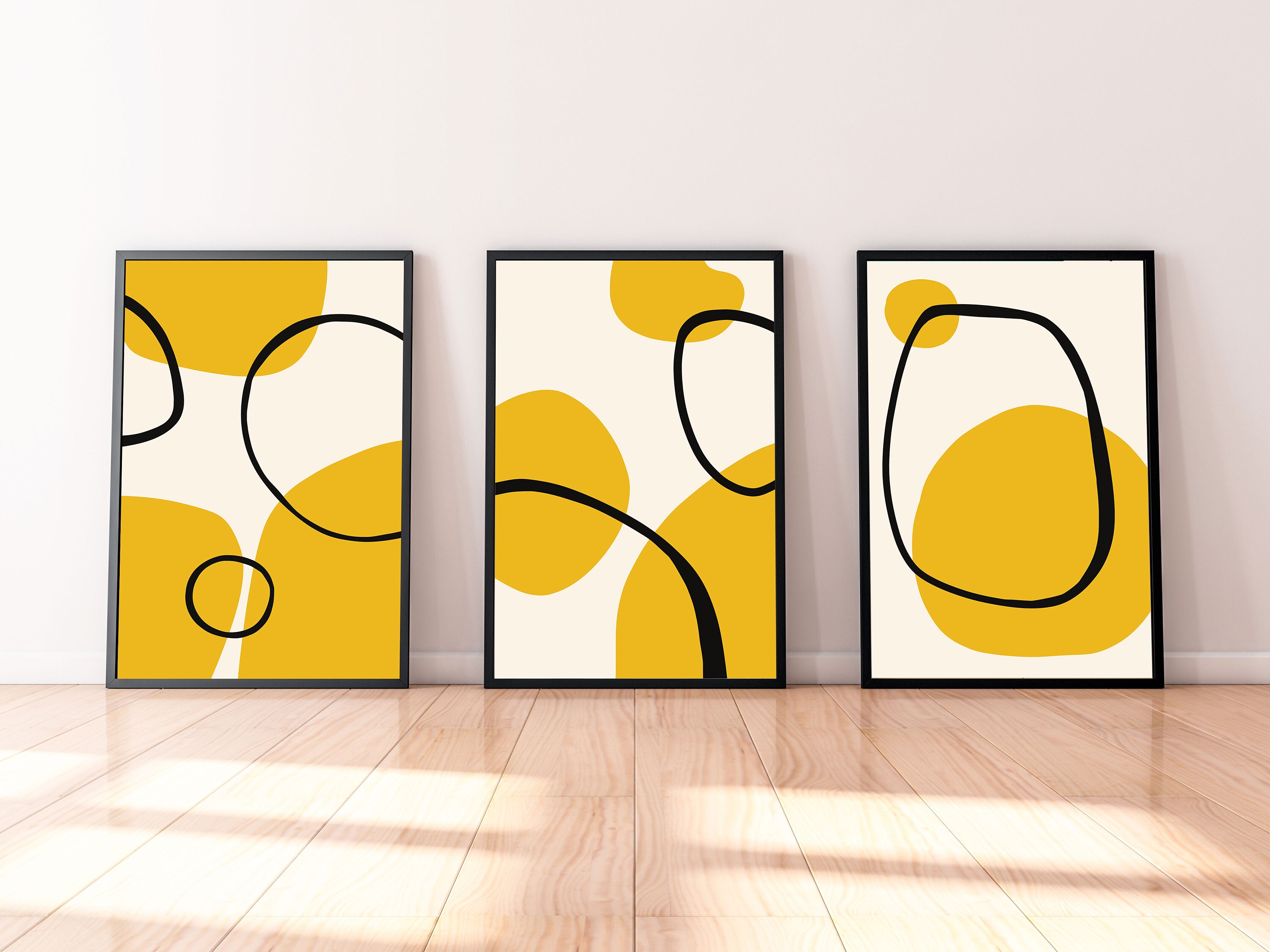 Yellow Abstract Print Set of 3 Yellow and Black Contemporary Etsy UK
