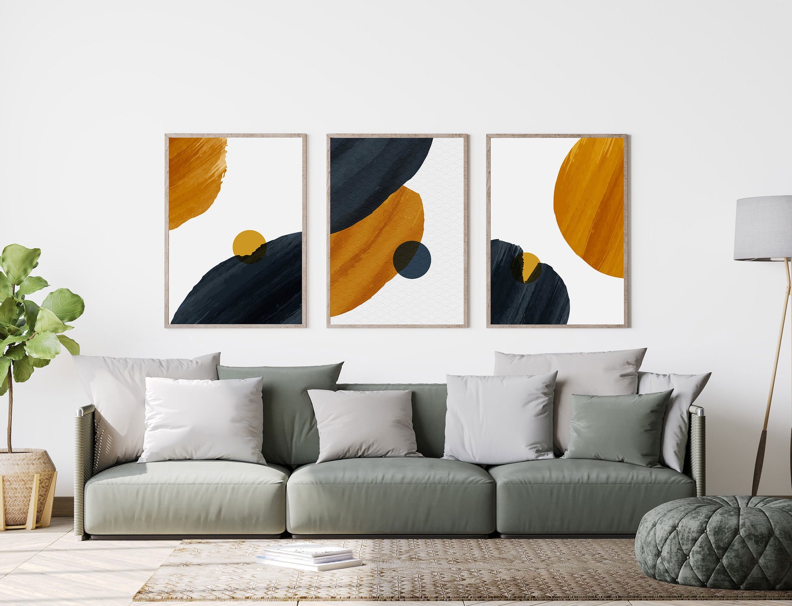 Burnt Orange & Navy Abstract Set of 3 Orange Navy Blue Etsy