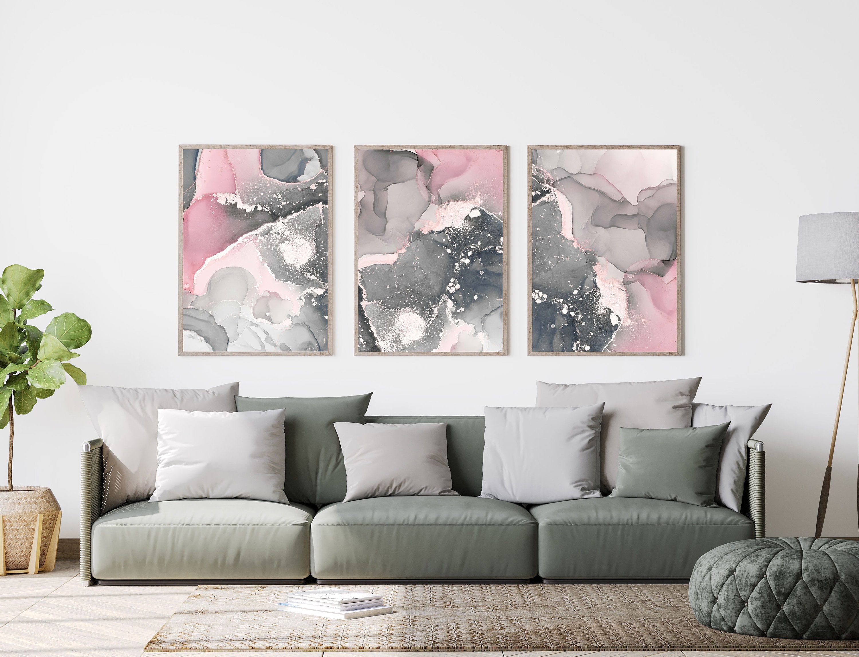 Pink and Grey Marble Print Set of 3 Pink Grey Contemporary 