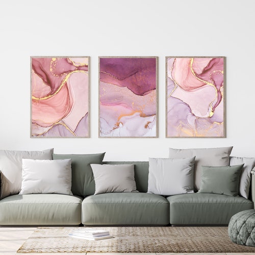Navy Pink and Gold Wall Art Set of 3 Prints Blush Wall Art Etsy