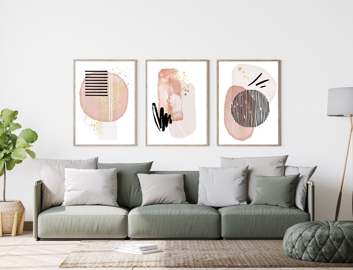 Peach Abstract Set of 3 Peach Grey Neutral Abstract Print Etsy