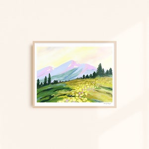 Mountain Sunrise Art Print - Colorful Mountain Landscape Painting with Wildflowers