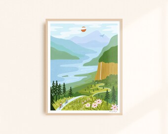 Columbia River Trail Art Print - Oregon Gorge Biking Illustration