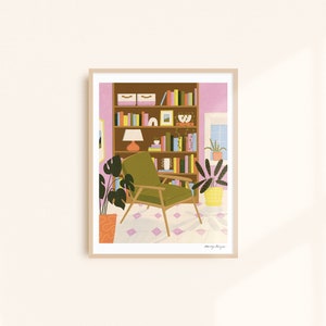 Book Nook Art Print - Cozy Home Interior Digital Illustration