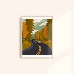 Fall Drive Art Print - Digital Illustration Forest Road in Fall