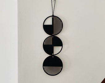 Black Stripe Plywood Wall Hanging: Geometric Monochrome Art