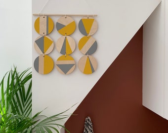 Yellow Art - Geometric Wall Hanging - Scandi Hygge Boho - Wooden Art - Wall Art Bright - Ochre Yellow and Grey Decor - yellow and grey