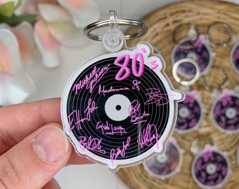Llavero de música vintage de los 80 a prueba de agua - Regalo de pegatina de los 80 - Llavero de reproductor de discos de vinilo - Llavero de Michael Jackson - Llavero de los 80