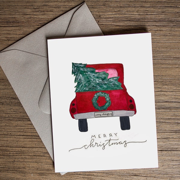 Watercolor Merry Christmas Old Red Truck Christmas Card - Rustic Vintage Red Farmhouse Christmas Truck Christmas Card Size A2 with Envelope