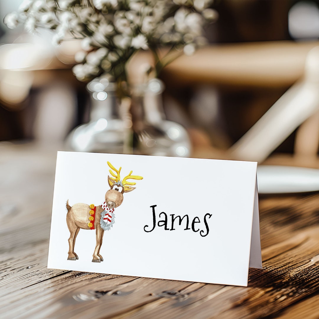 6 Funny Reindeer Printed Christmas Name Place Cards Can Be Personalised
