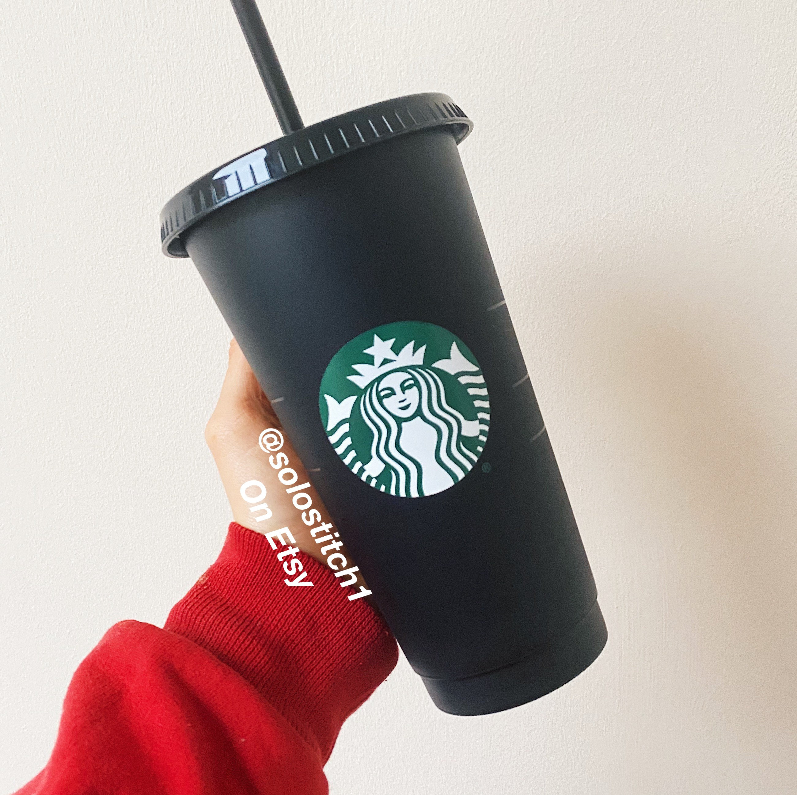 Plain Matte Black Starbucks Cold Cup Tumblers With Black Straw and