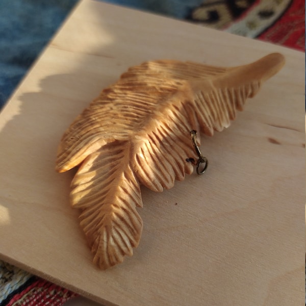 Hand carved bird feather pendant Wooden boho feather Carved feather jewelry White marble color Craft wood feather Boho style