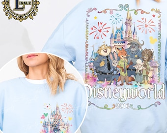 Lustige Zeichentrickfiguren PNG, Vorder- und Rückseite Shirt Design mit Fantasy Schloss und Zauberteppich, Aquarell Feier Stil, digitaler Download