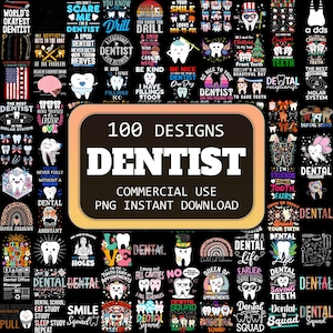 以下が含まれることがあります： 歯科に関連するさまざまなイラストとテキストを特徴とする100のデザインのコラージュ。デザインはさまざまな色とスタイルで、歯、歯ブラシ、フロス、その他の歯科関連アイテムの画像が含まれています。テキストには、「世界で最も優れた歯科医」、「私は歯科医です」、「歯科医に親切に」、「歯科チーム」などのフレーズが含まれています。